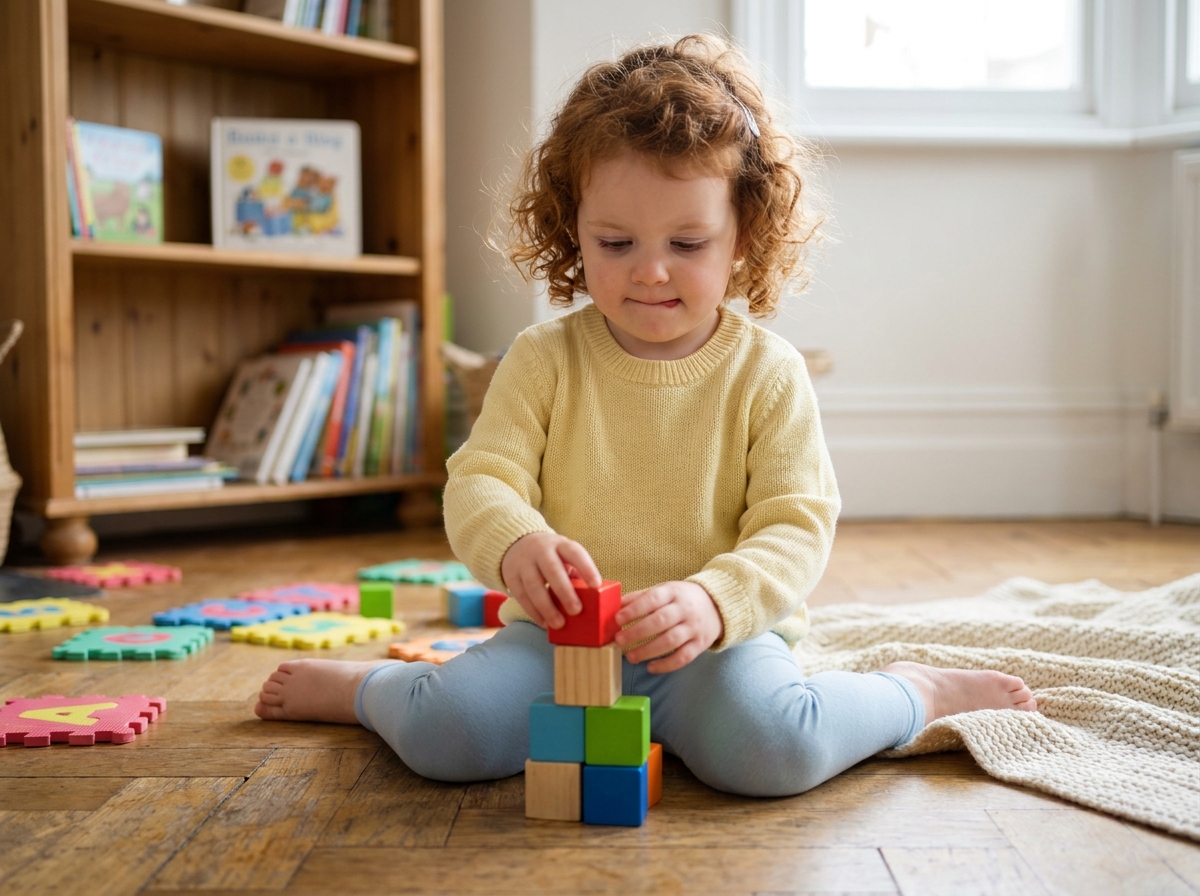 Petite fille de 3 ans concentrée en train d'empiler des cubes en bois colorés sur un parquet, préparation à l'entrée en maternelle par le jeu de construction