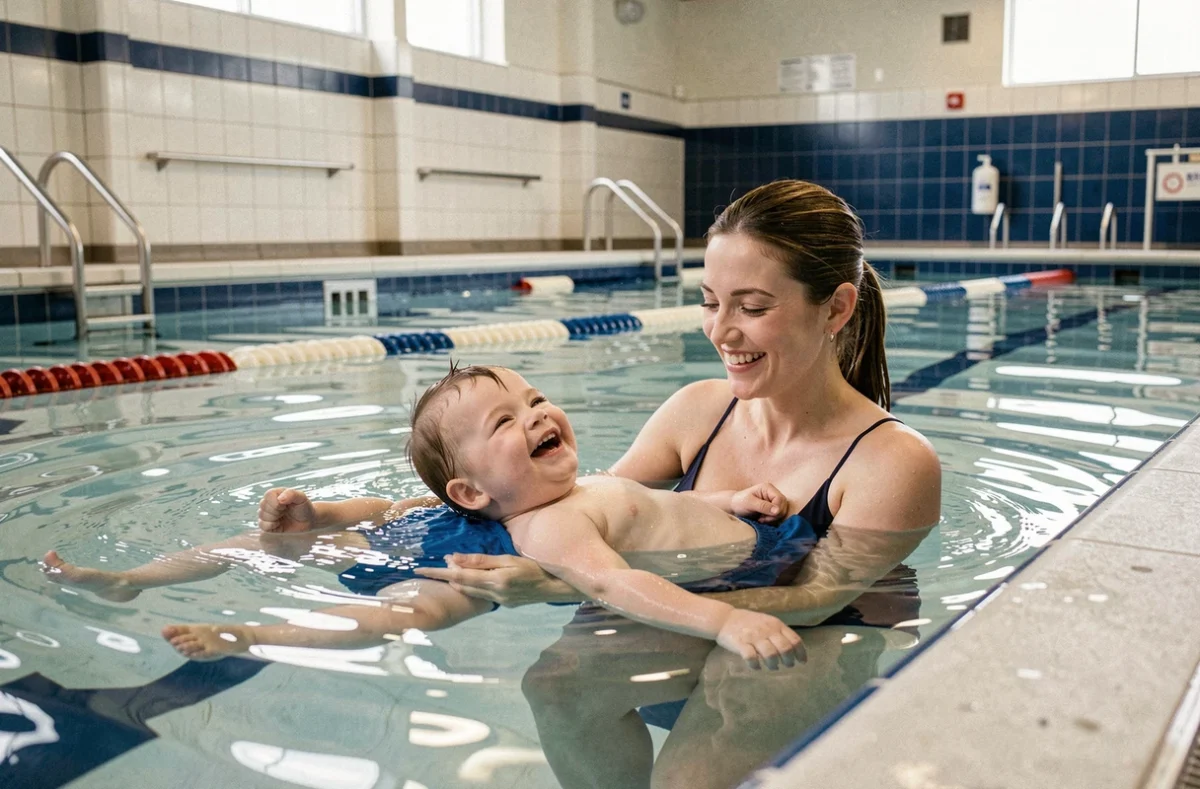 Séance de bébé nageur à la piscine Aquaréna d'Amnéville avec mère et bébé dans le petit bassin