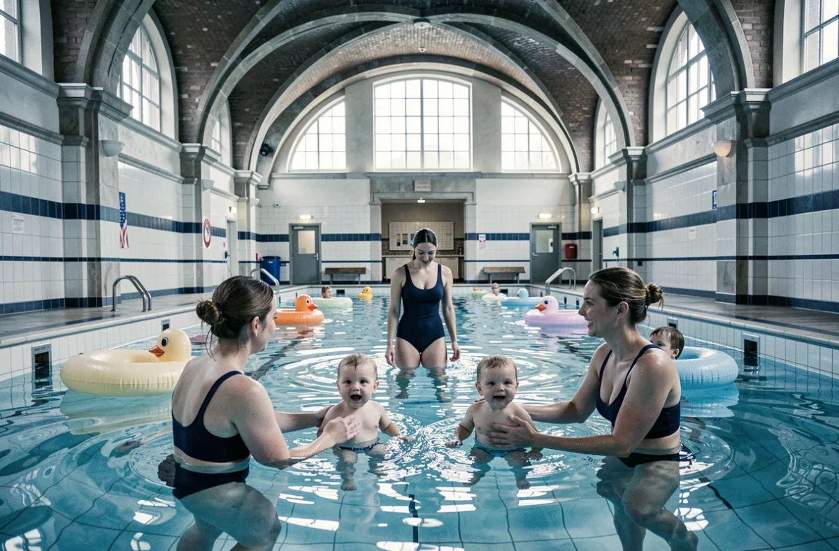 Cours de bébé nageur à la piscine du Wacken à Strasbourg avec groupe de parents et bébés encadrés par une instructrice