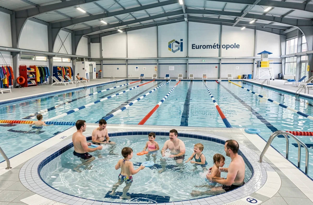 Espace bébé nageur dans une piscine de l'Eurométropole de Strasbourg avec familles et instructeurs