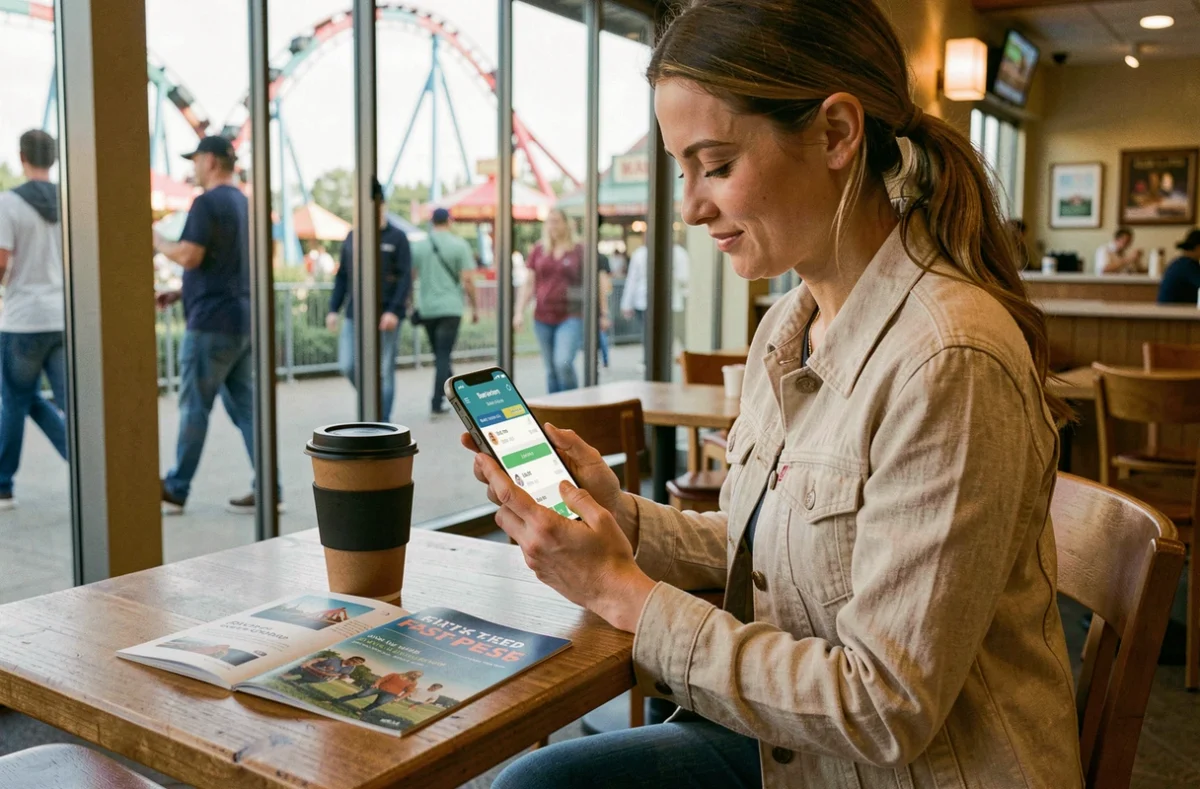 Femme planifiant son week-end au parc d'attraction sur une application mobile depuis un restaurant du parc