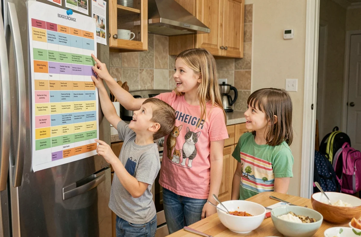 Fratrie de trois enfants regardant ensemble leur planning hebdomadaire imprimé affiché sur le réfrigérateur