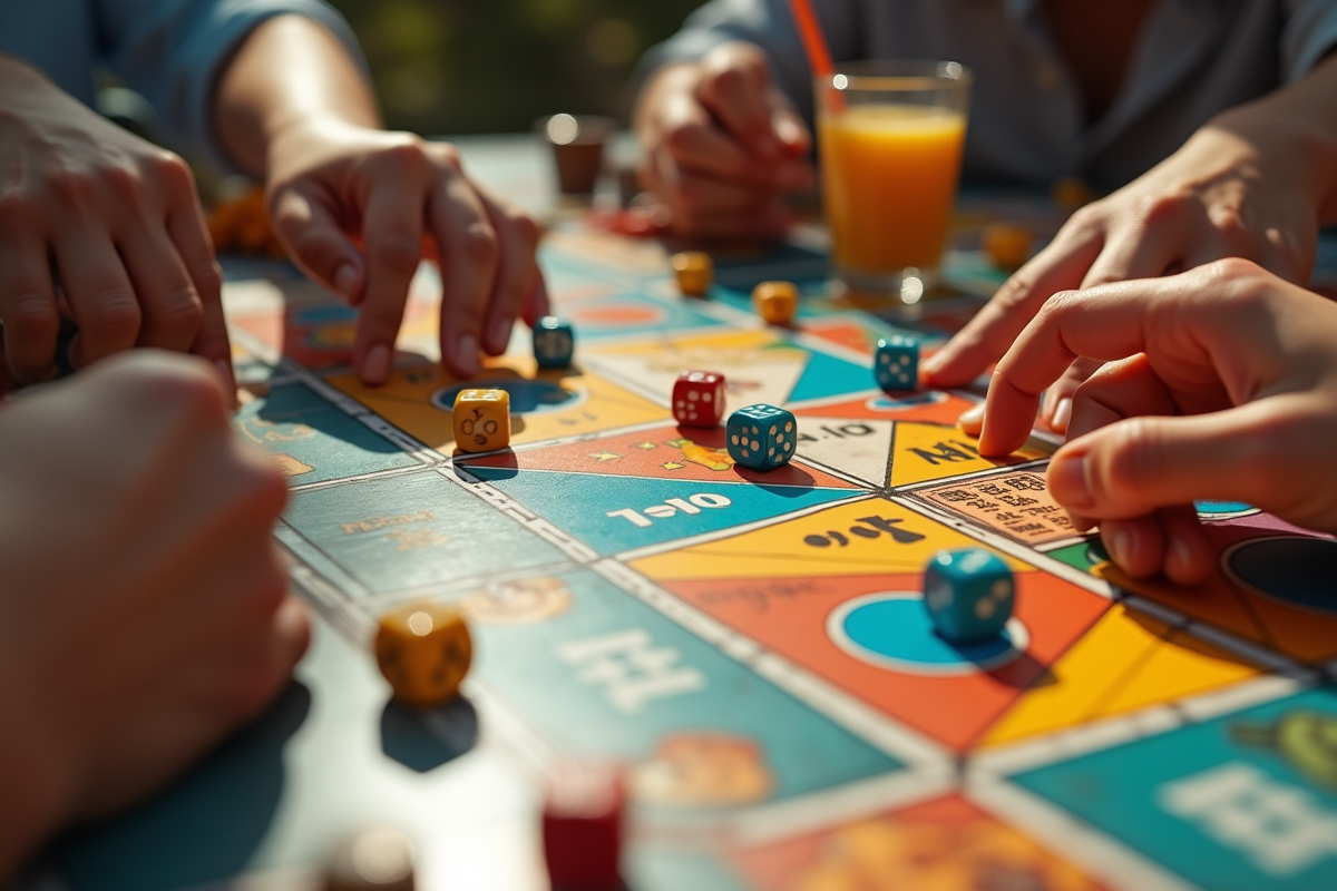 Gros plan sur un plateau de jeu avec dés et jetons colorés