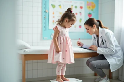 Petite fille de 4 ans sur une balance pédiatrique lors d'une consultation chez le médecin