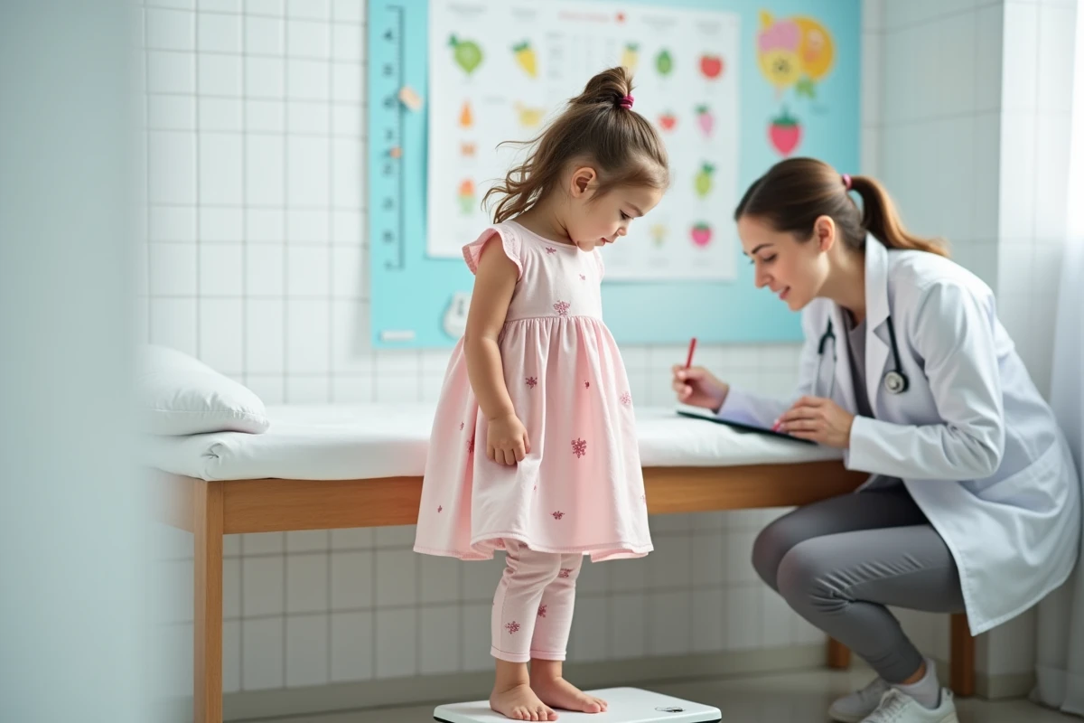 Petite fille de 4 ans sur une balance pédiatrique lors d'une consultation chez le médecin