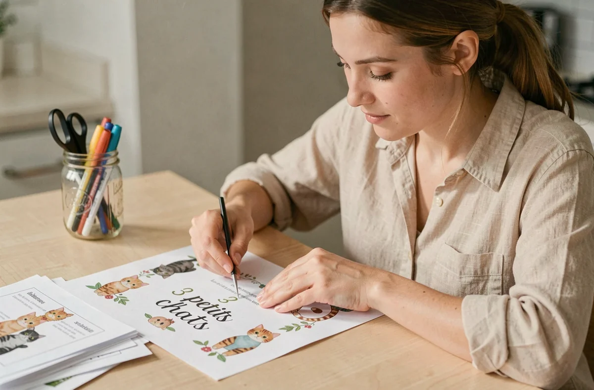 Femme préparant une fiche imprimée A4 avec les paroles de la comptine 3 petits chats pour un cahier enfant