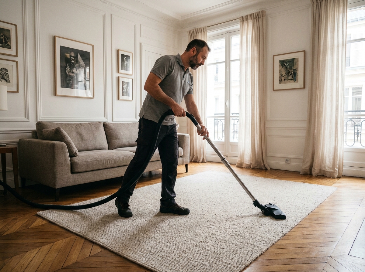 Prestataire d'aide à domicile passant l'aspirateur dans un salon élégant d'un appartement à Boulogne-Billancourt
