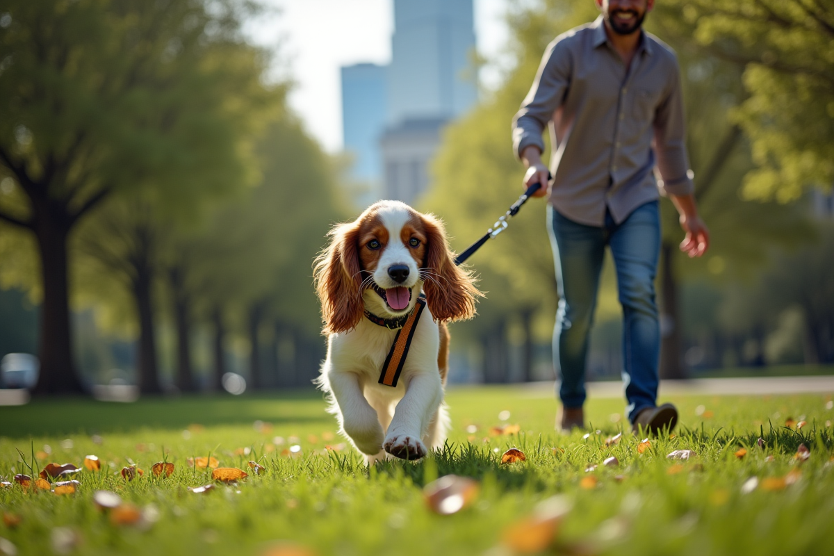 Chiot cocker en laisse marchant dans un parc en ville avec un homme