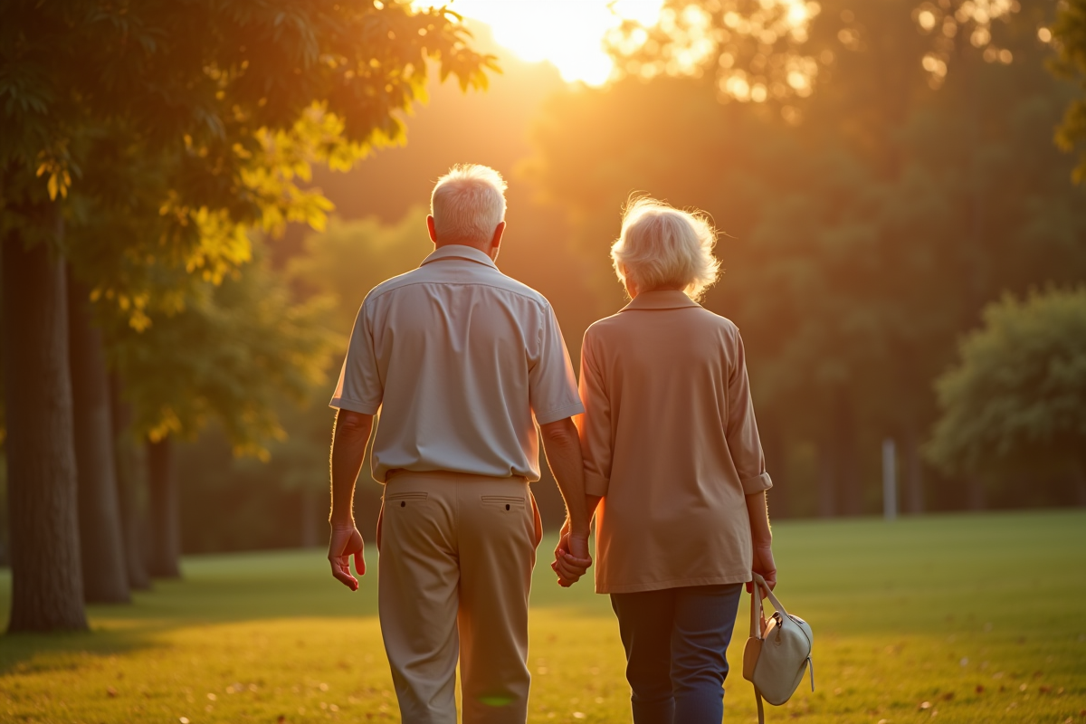 Couple agee marchant main dans la main dans un parc ensoleille