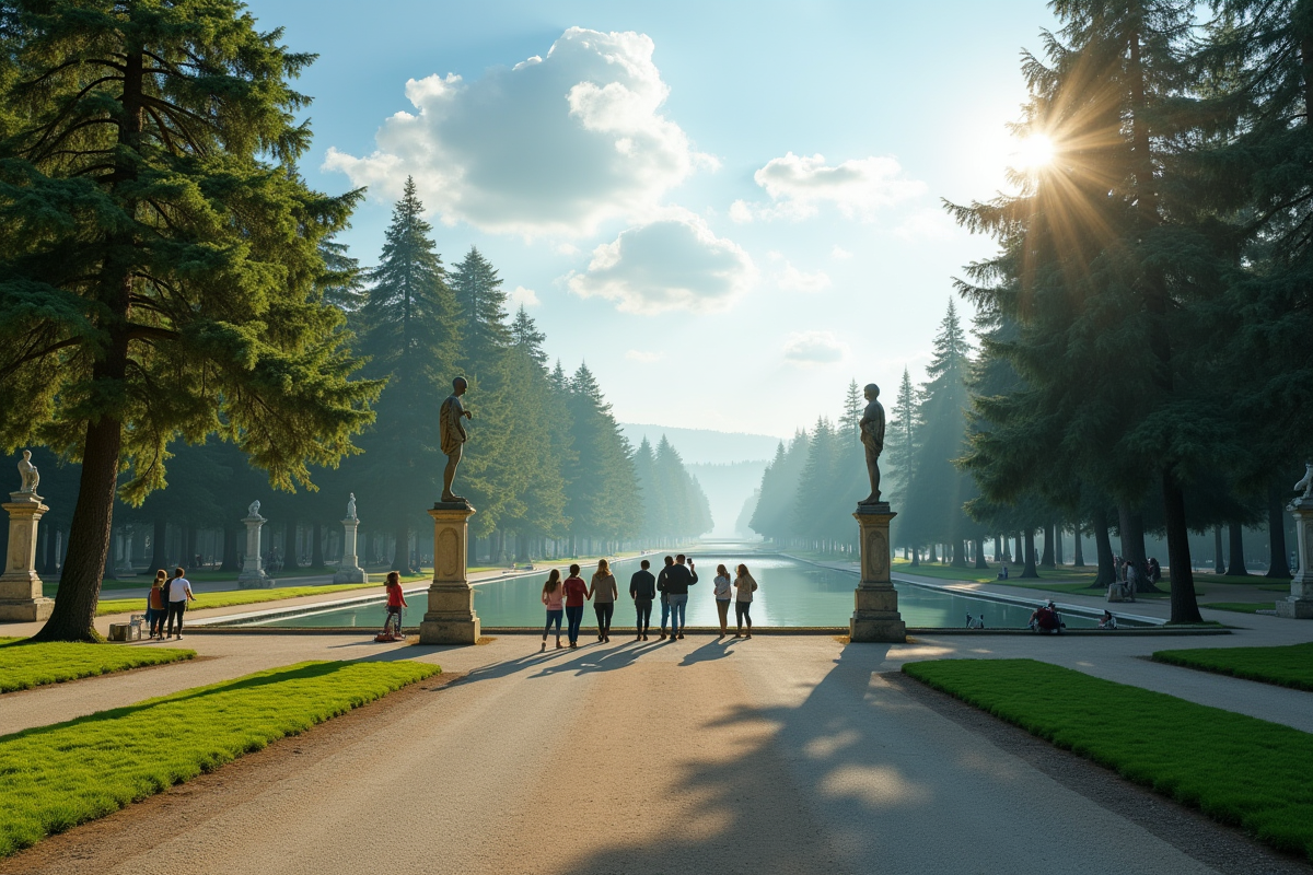 Visiteurs se promenant au parc Astérix avec arbres et statues