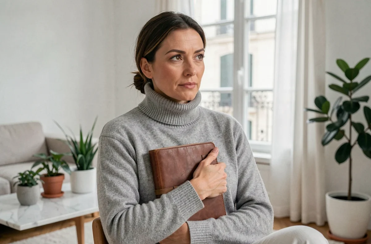 Femme tenant un carnet fermé dans un appartement parisien minimaliste, symbolisant la protection de la vie privée face à la célébrité