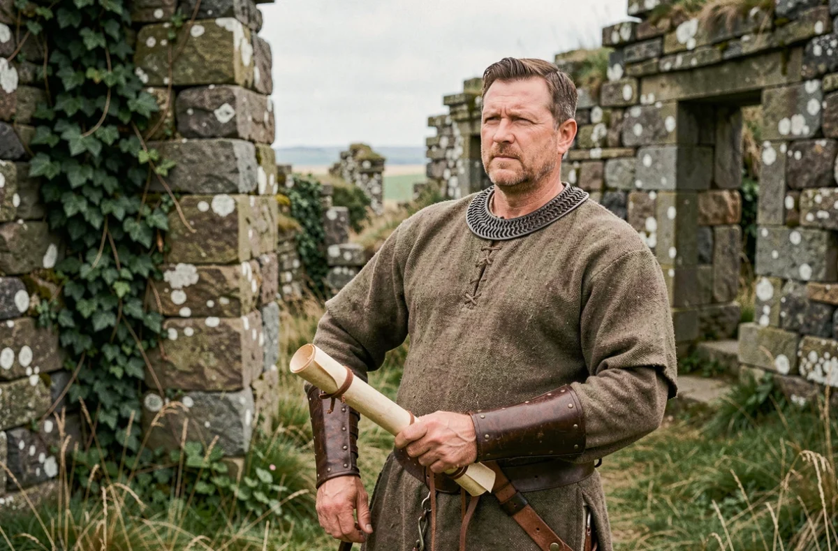Reenactor médiéval en tenue bretonne devant des ruines de forteresse évoquant la légende du roi Arthur
