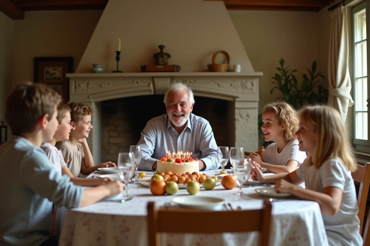 Repas de famille autour du grand-père pour célébrer la fête des grands-pères avec gâteau maison