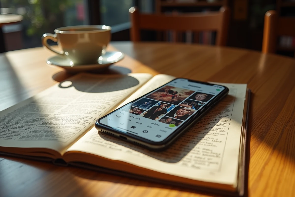 Smartphone avec publications de fans sur les réseaux sociaux et album souvenir vintage consacré à Mike Brant