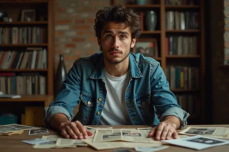 Jeune homme regardant des photos de famille anciennes évoquant l'héritage de Ronnie Turner et ses frères et sœurs