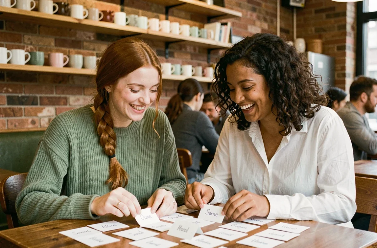 Deux amies choisissant ensemble un prénom composé avec Sainte Léana en arrangeant des cartes de prénoms sur une table de café