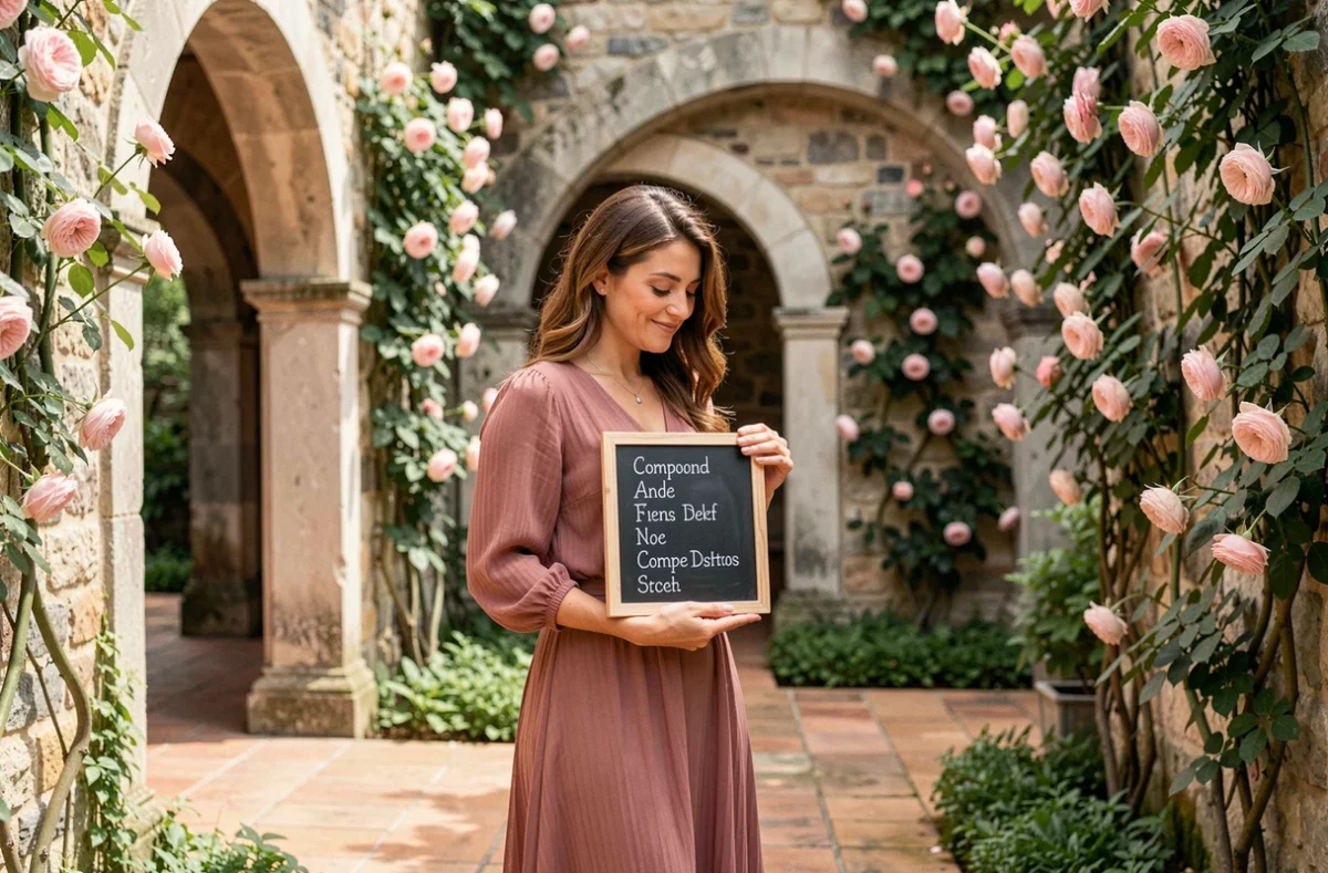 Femme tenant un tableau ardoise avec des prénoms composés incluant Léana dans un jardin provençal fleuri de roses grimpantes