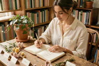 Jeune femme écrivant des prénoms composés avec Léana dans un journal de calligraphie posé sur une table en bois décorée de fleurs séchées