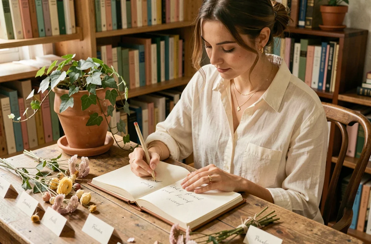 Jeune femme écrivant des prénoms composés avec Léana dans un journal de calligraphie posé sur une table en bois décorée de fleurs séchées
