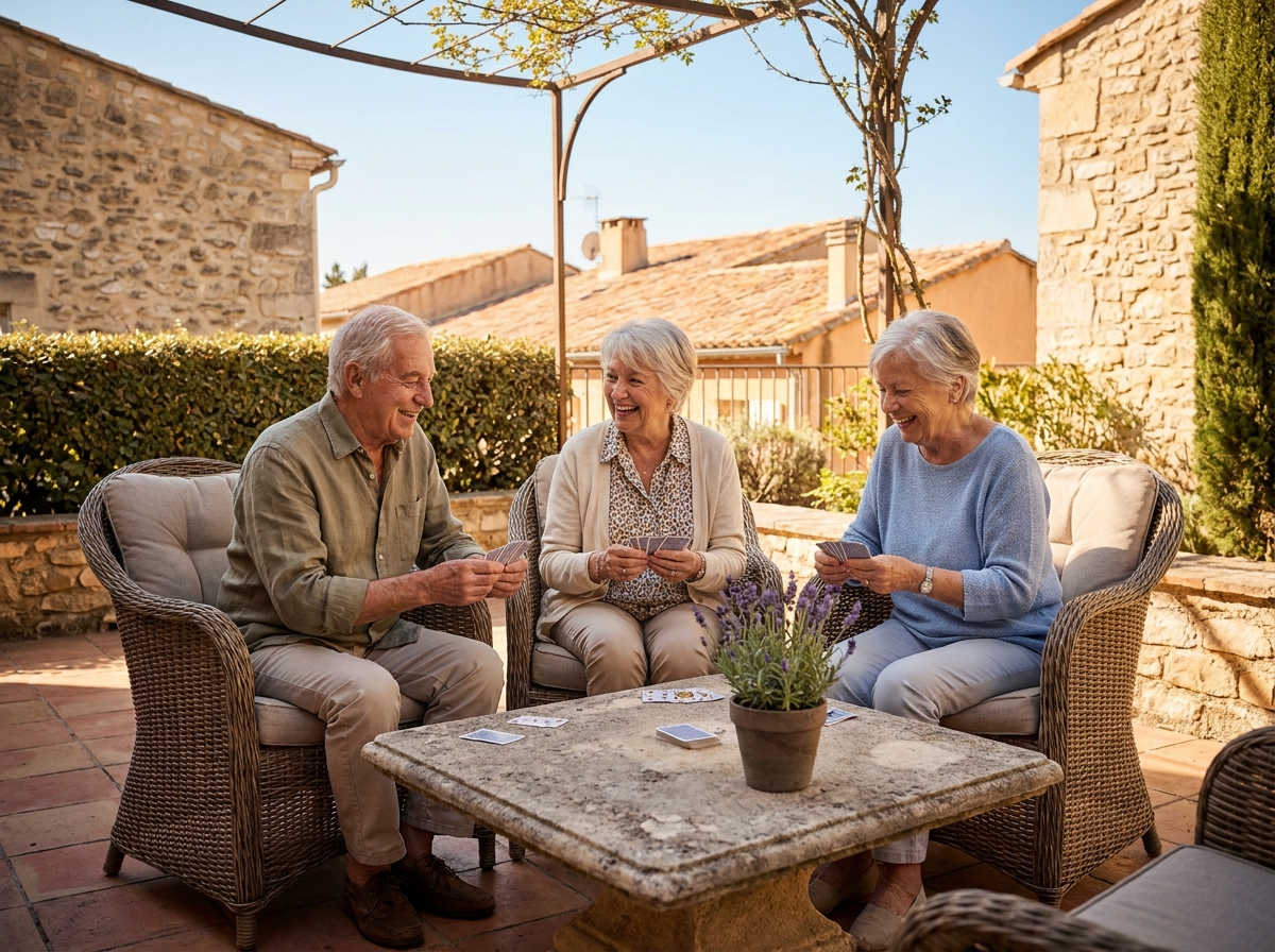 Groupe de seniors profitant de la terrasse ensoleillée de la résidence Les Pléiades à Toulon avec encadrement LNA Santé