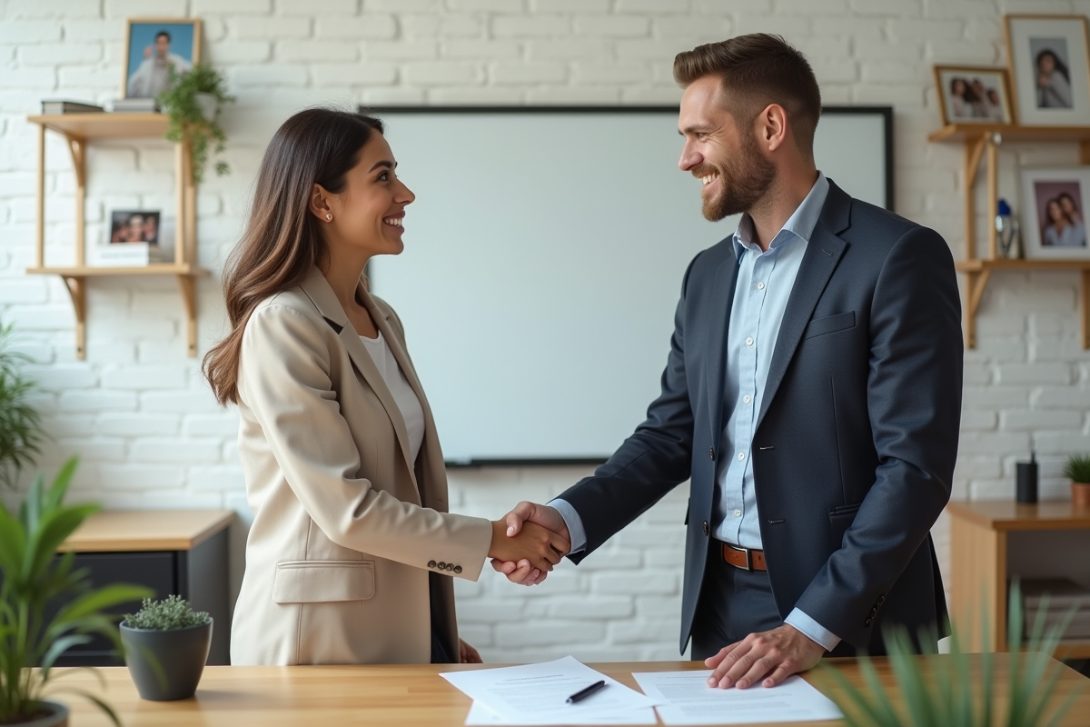 Un couple se serre la main après signature dans un bureau lumineux