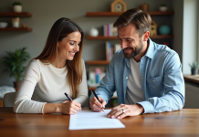 Deux adultes signent un accord dans un salon moderne