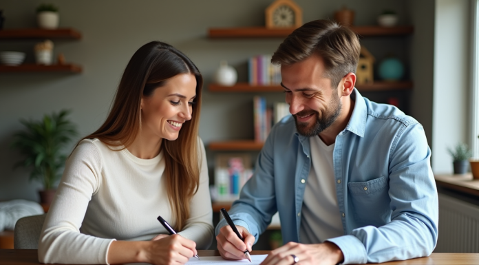 Deux adultes signent un accord dans un salon moderne