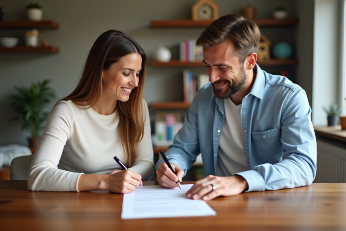 Deux adultes signent un accord dans un salon moderne