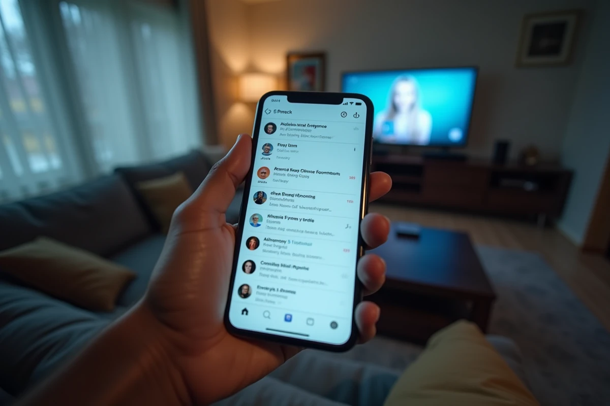 Smartphone affichant un fil de rumeurs virales sur les réseaux sociaux dans un salon