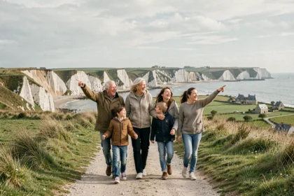 Famille en balade sur le littoral normand de Seine-Maritime, avec falaises blanches et village médiéval en arrière-plan