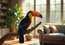Toucan coloré dans un salon lumineux et moderne