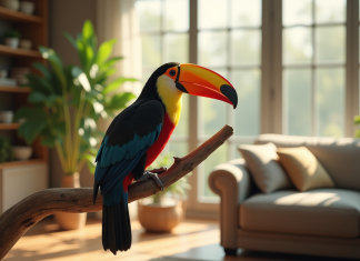 Toucan coloré dans un salon lumineux et moderne