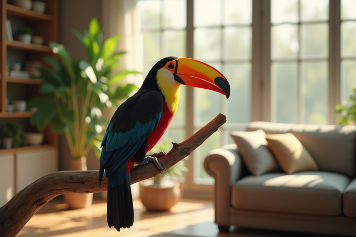 Toucan coloré dans un salon lumineux et moderne