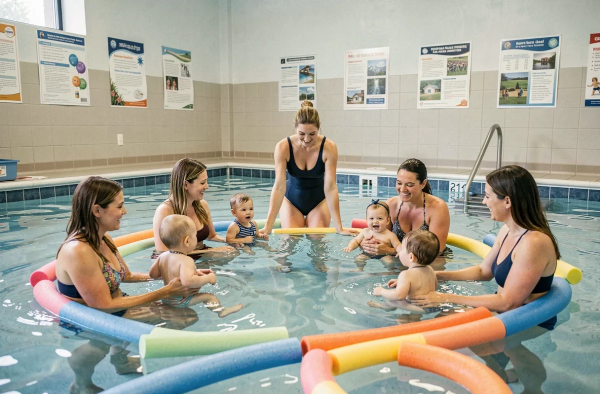 Cours collectif de bébé nageur à Toup'ti Gym Hauconcourt avec instructrice et groupes de parents-bébés