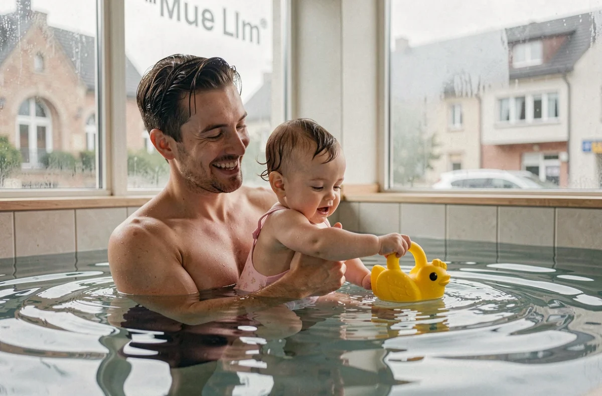 Père et bébé lors d'un cours de bébé nageur Toup'ti Gym à Metz dans un bassin intérieur chauffé