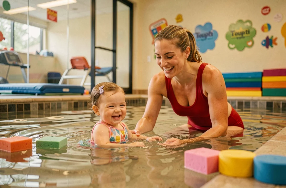Cours de bébé nageur Toup'ti Gym Nancy avec une instructrice accompagnant un nourrisson dans l'eau