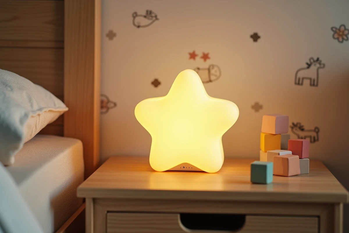 Veilleuse personnalisable en forme d'étoile posée sur une table de chevet en bois dans une chambre d'enfant décorée en tons pastel