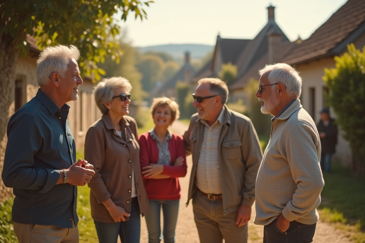 Familles rurales françaises discutant dans un village authentique