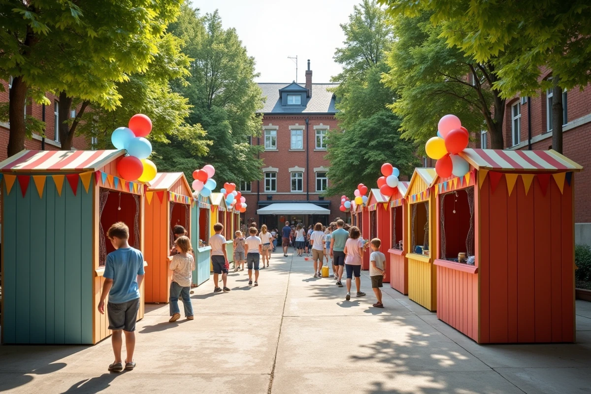 Vue d'ensemble d'une kermesse scolaire avec stands de jeux décorés dans une cour d'école