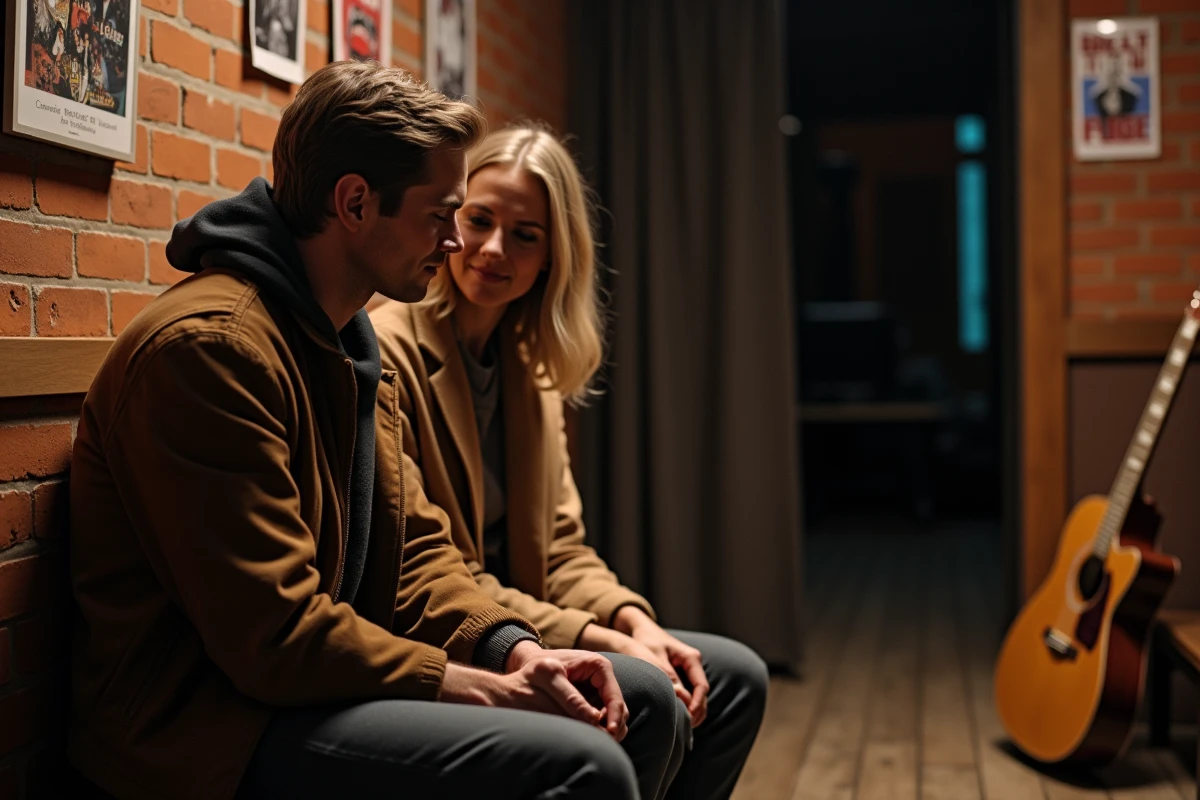 Couple complice en conversation intime dans les coulisses d'une salle de concert, illustrant la relation discrète entre Zaz et son compagnon révélée entre les lignes de ses interviews
