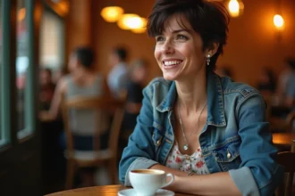 Femme artiste aux cheveux courts animée par une conversation dans un bistrot parisien, évoquant les interviews révélatrices de la chanteuse Zaz et son compagnon