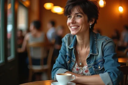 Femme artiste aux cheveux courts animée par une conversation dans un bistrot parisien, évoquant les interviews révélatrices de la chanteuse Zaz et son compagnon
